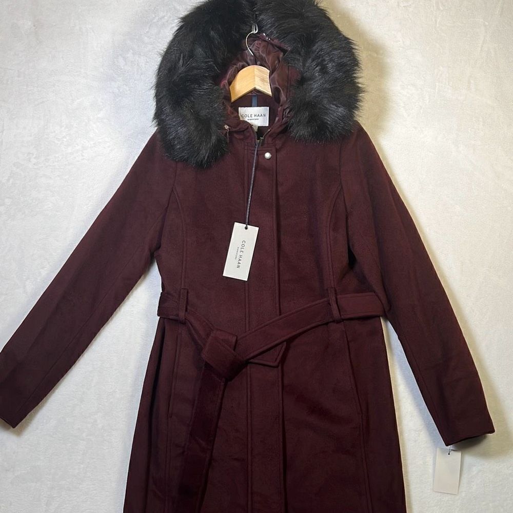 Cole Haan Women's Hooded Coat Slick Wool with Detatchable Faux Fur Trim- Women 4